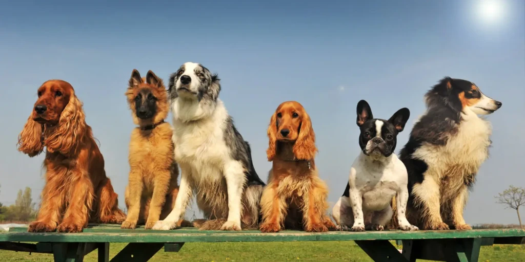 Verschiedene Hunderassen sitzen nebeneinander auf einer Bank