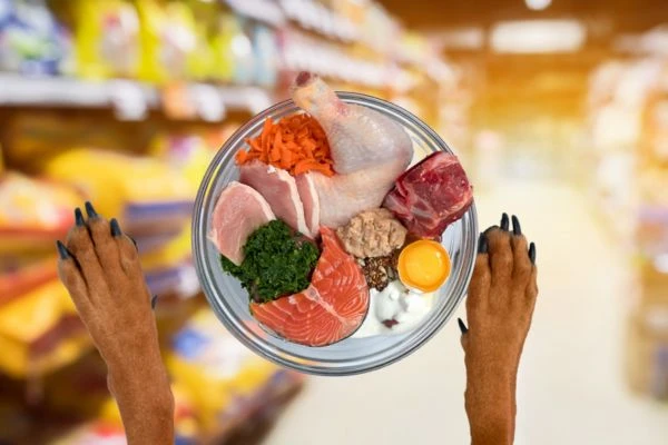 Einen Napf voller Leckereien für den Hund u. A. Lachs, Hühnchen, Ei, Rind und Gemüse im Hintergrund regale voller Hunde Futtersäcke.