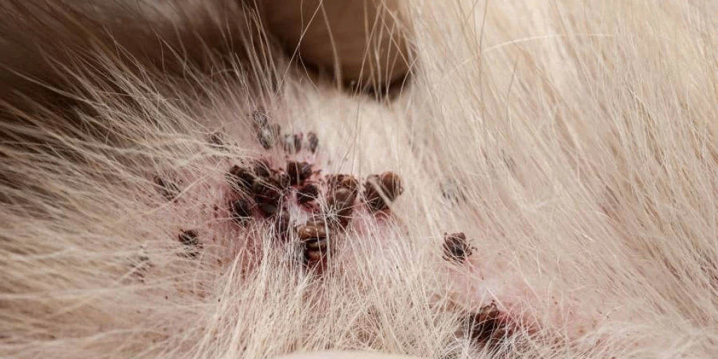 Viele Zecken an einer Katze, Vorsicht es kann zur Anämie führen.